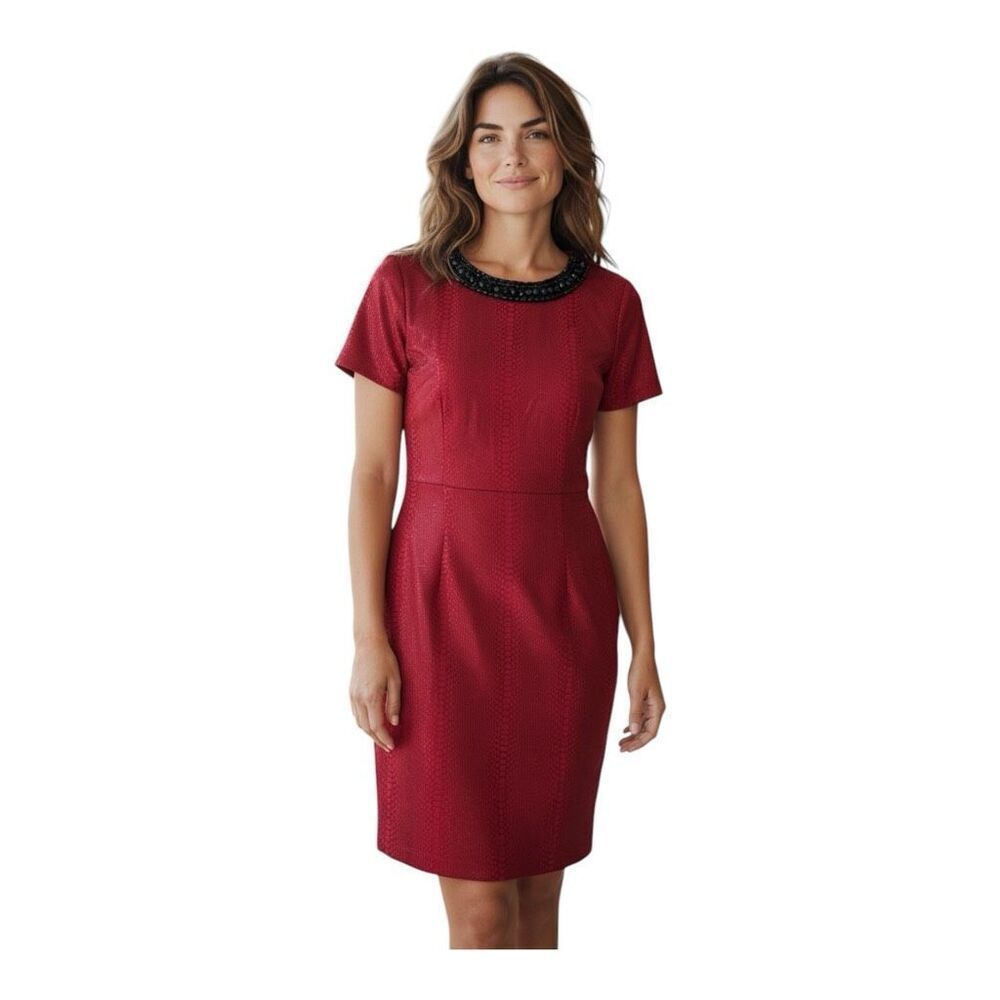 Halo Size M Beaded Collar Cocktail Sheath Dress Mini Red Black Snakeskin Print